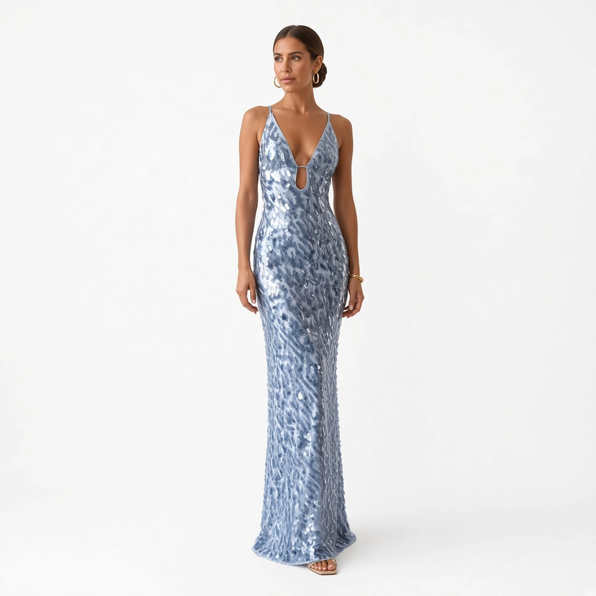 Sequin V-Neck Maxi Dress — ice blue front