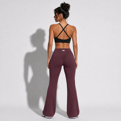 Set — Infinity bra + Scrunch Butt Leggings Plum Purple back on-model 2048 (floor-length flare)