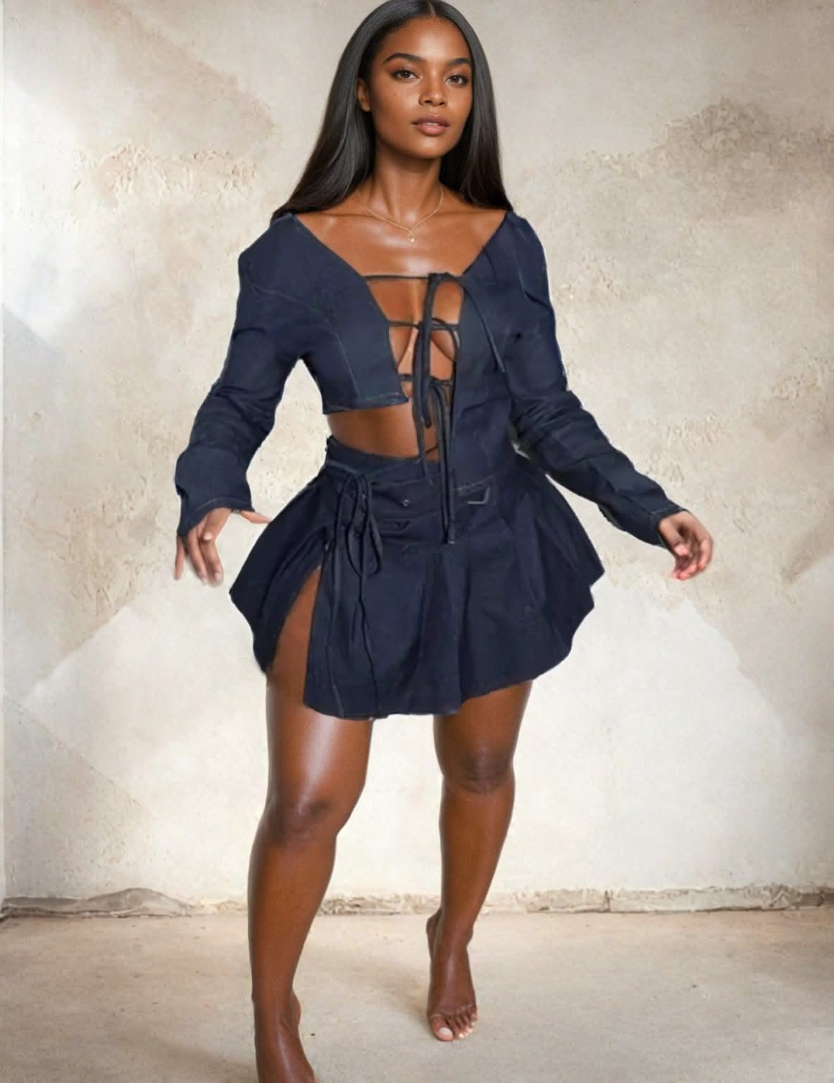 Irregular Lace Up Crop Top and Pleated Mini Skirt, Denim / S Irregular Lace Up Crop Top and Pleated Mini Skirt, Denim / S