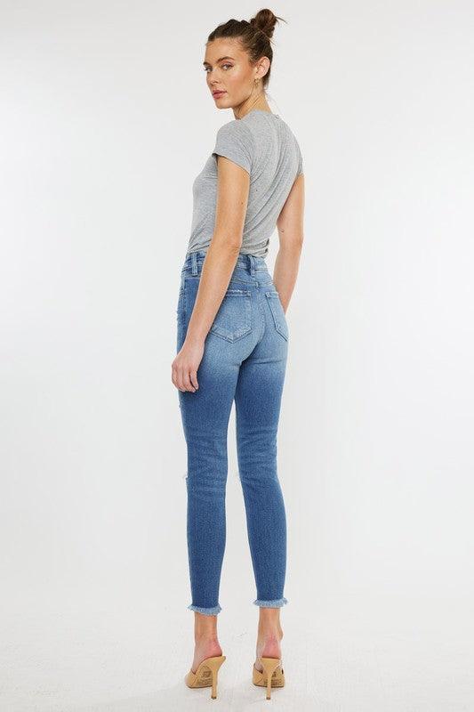 HIGH RISE FRAY HEM ANKLE SKINNYJEANS, [product type]