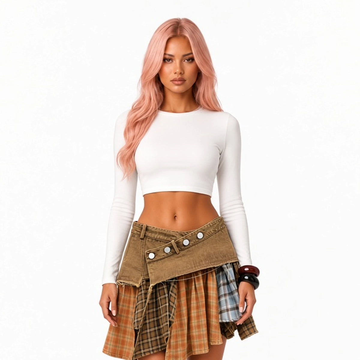 Denim Yoke Patchwork Ruffle Mini Skirt — Khaki close-up