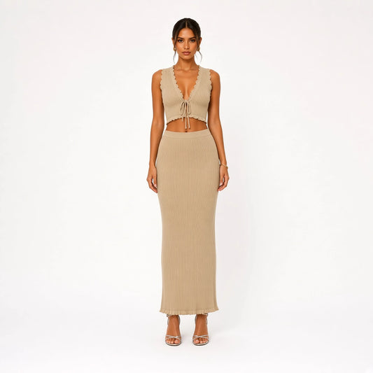Knitted Long Skirt Set — Khaki front