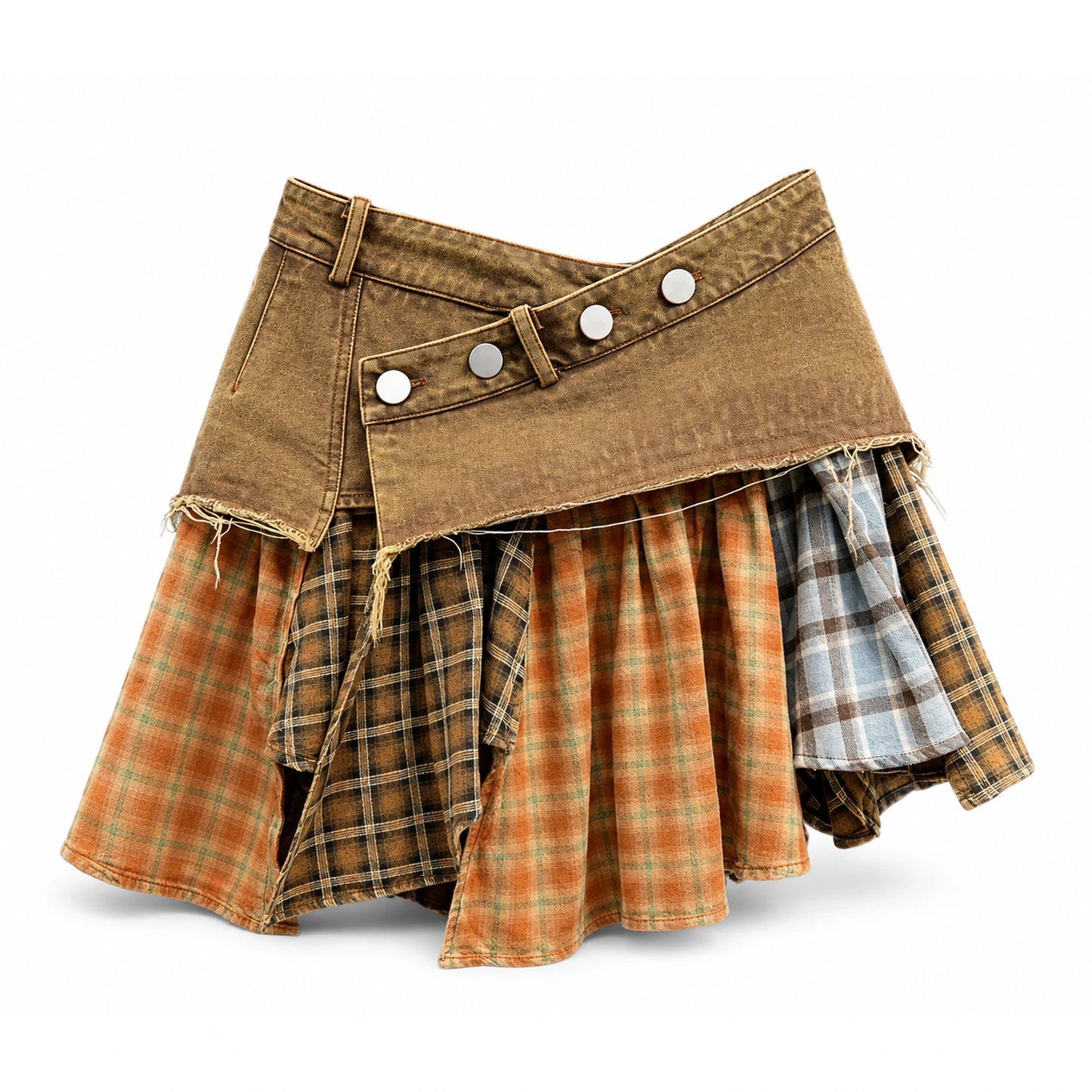 Denim Yoke Patchwork Ruffle Mini Skirt — Khaki product front
