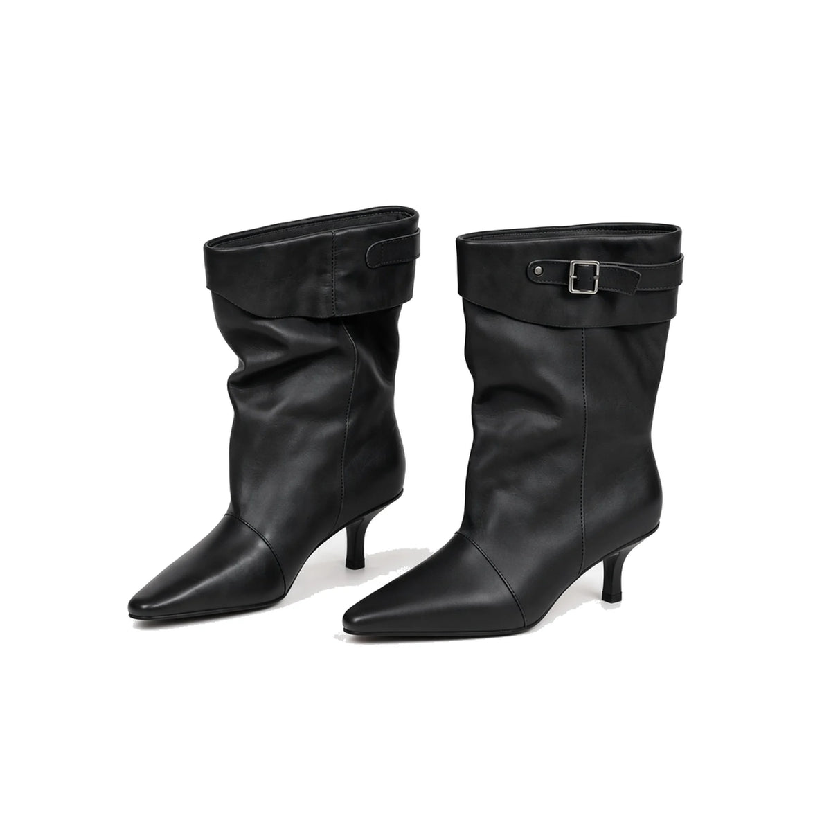 Pointed Toe Slouchy Kitten Heel Boots — black front