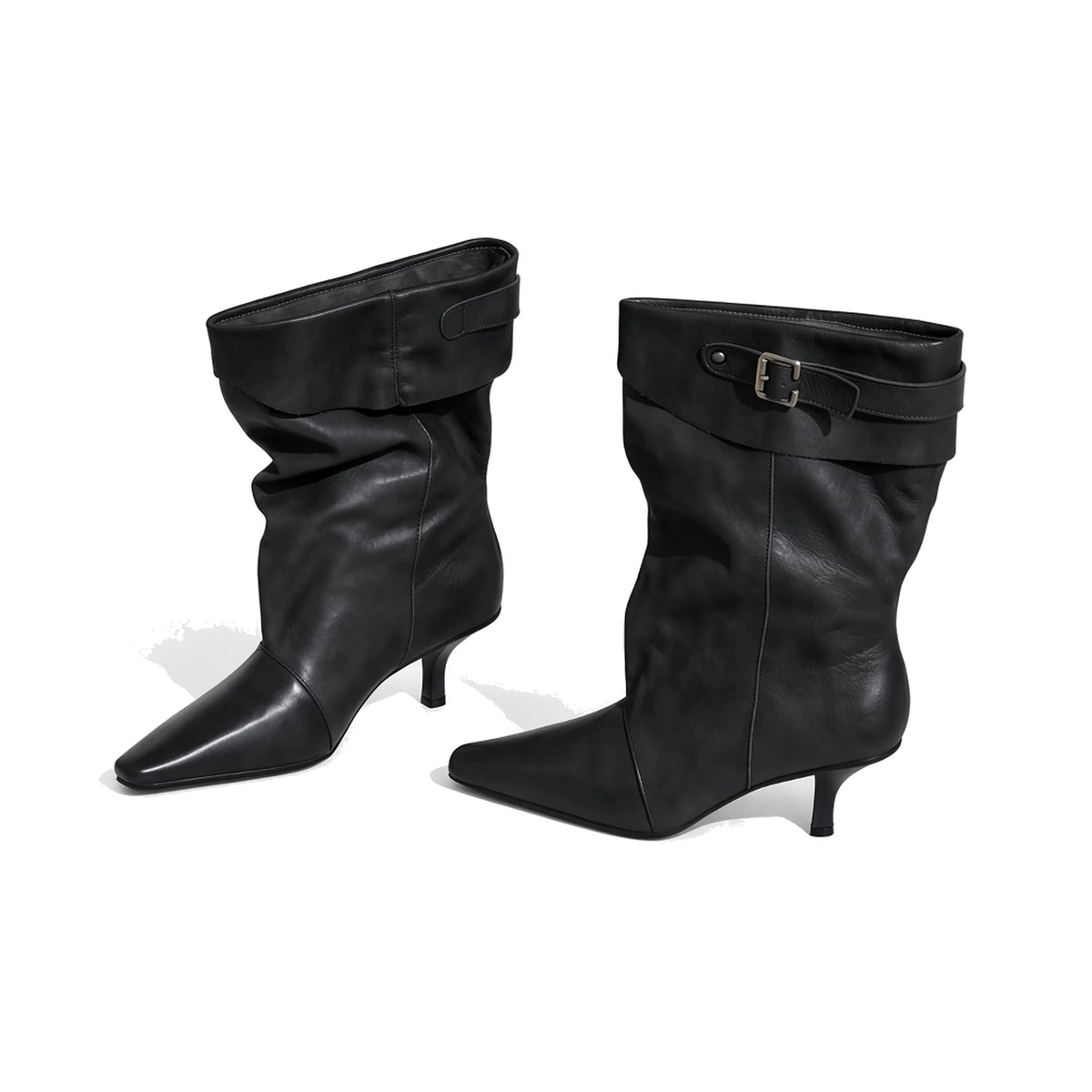 Pointed Toe Slouchy Kitten Heel Boots — black side