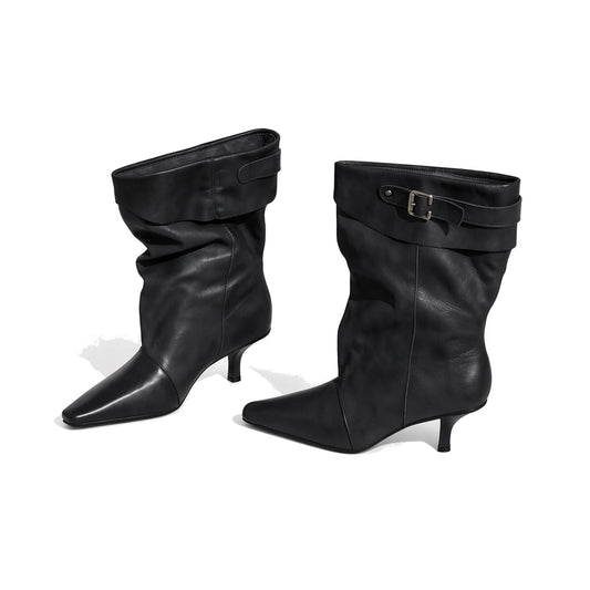 Pointed Toe Slouchy Kitten Heel Boots — black side
