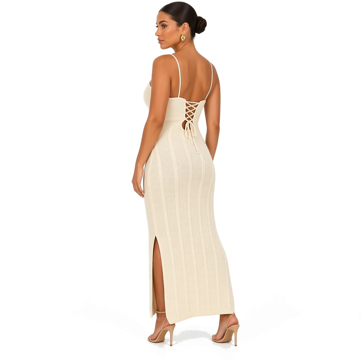 Knitted Maxi Dress Bodycon — Beige back