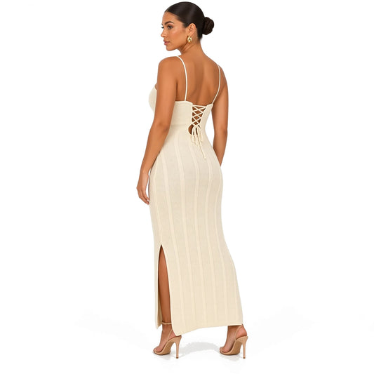 Knitted Maxi Dress Bodycon — Beige back