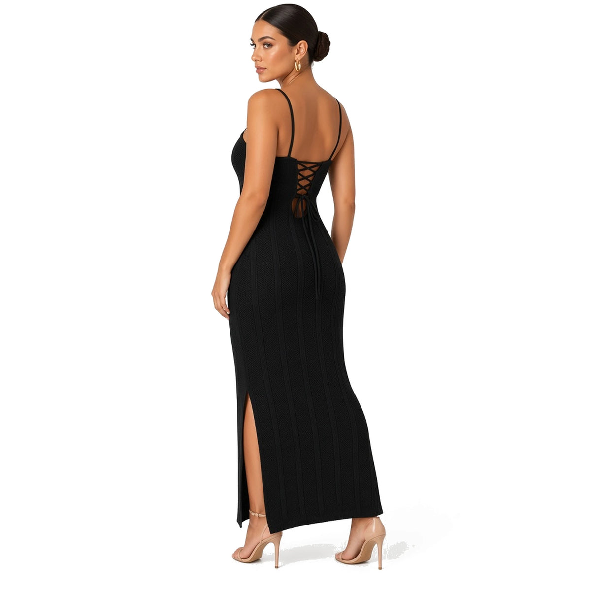 Knitted Maxi Dress Bodycon — Black back