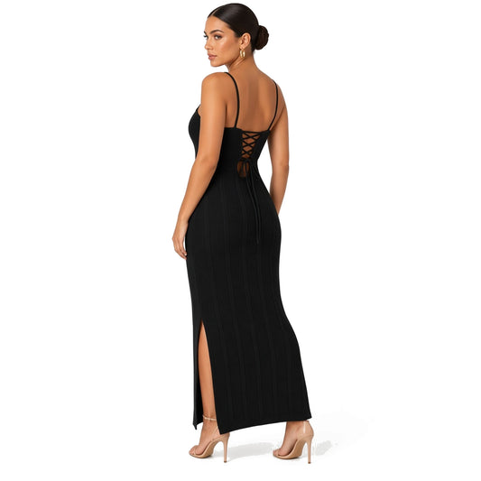 Knitted Maxi Dress Bodycon — Black back