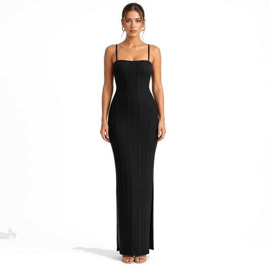 Knitted Maxi Dress Bodycon — Black front