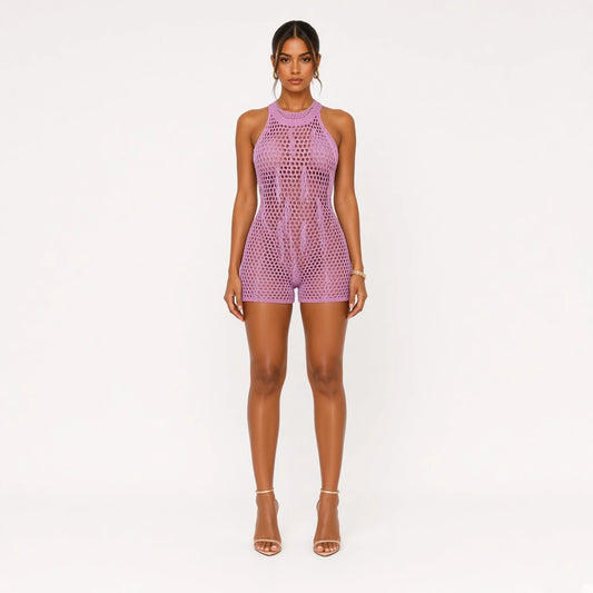 Knit Crochet romper — pink front