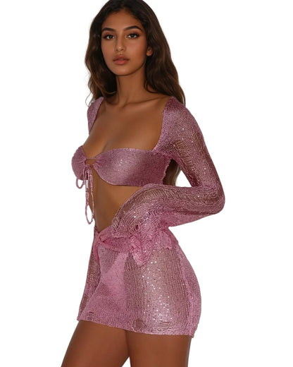 Knitted Long - Sleeved Hollow Top & Skirt Two - Piece Set