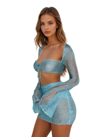 Knitted Long - Sleeved Hollow Top & Skirt Two - Piece Set