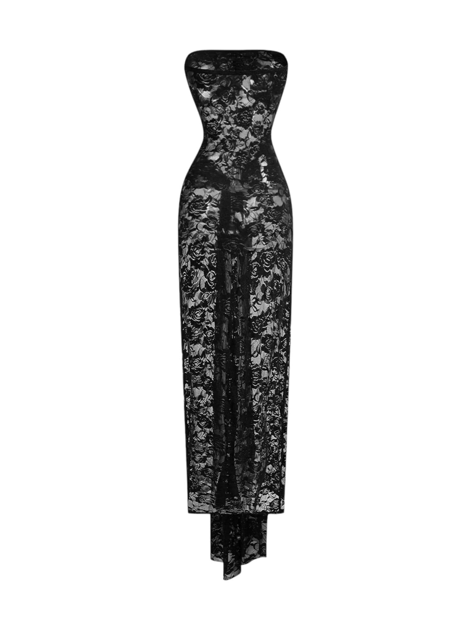 Lace Hollow Out Ruched Maxi Dress, S / Black Lace Hollow Out Ruched Maxi Dress, S / Black