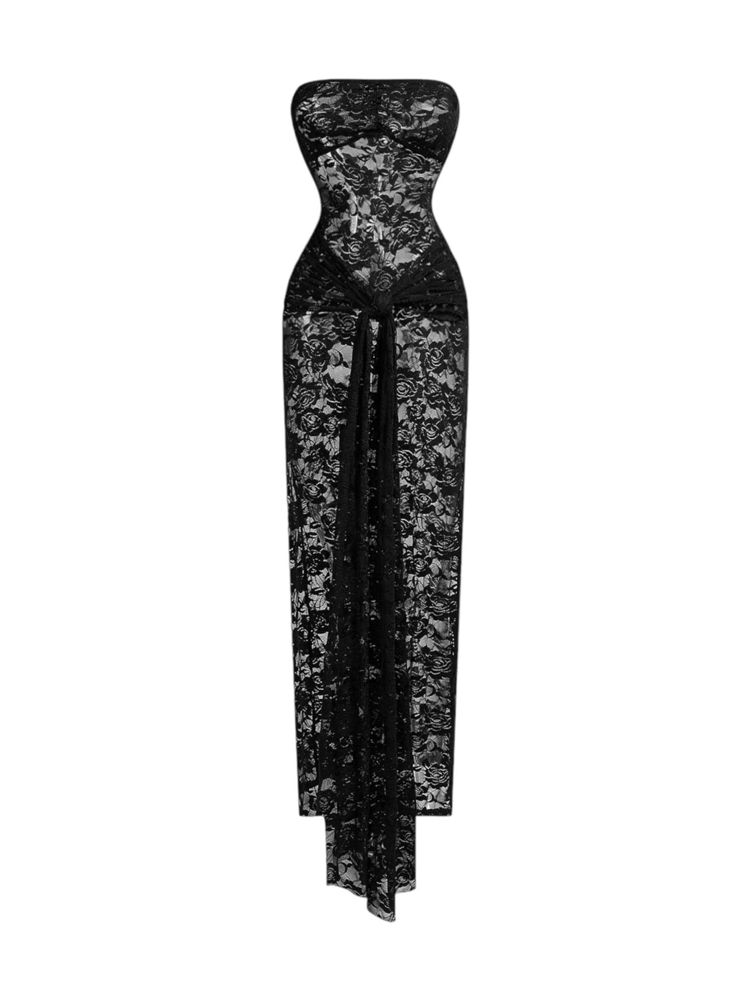 Lace Hollow Out Ruched Maxi Dress, L / White Lace Hollow Out Ruched Maxi Dress, L / White