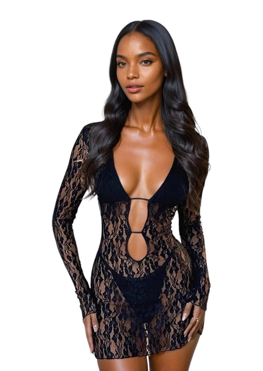 Lace Plunge Keyhole Cut - Out Mini Dress