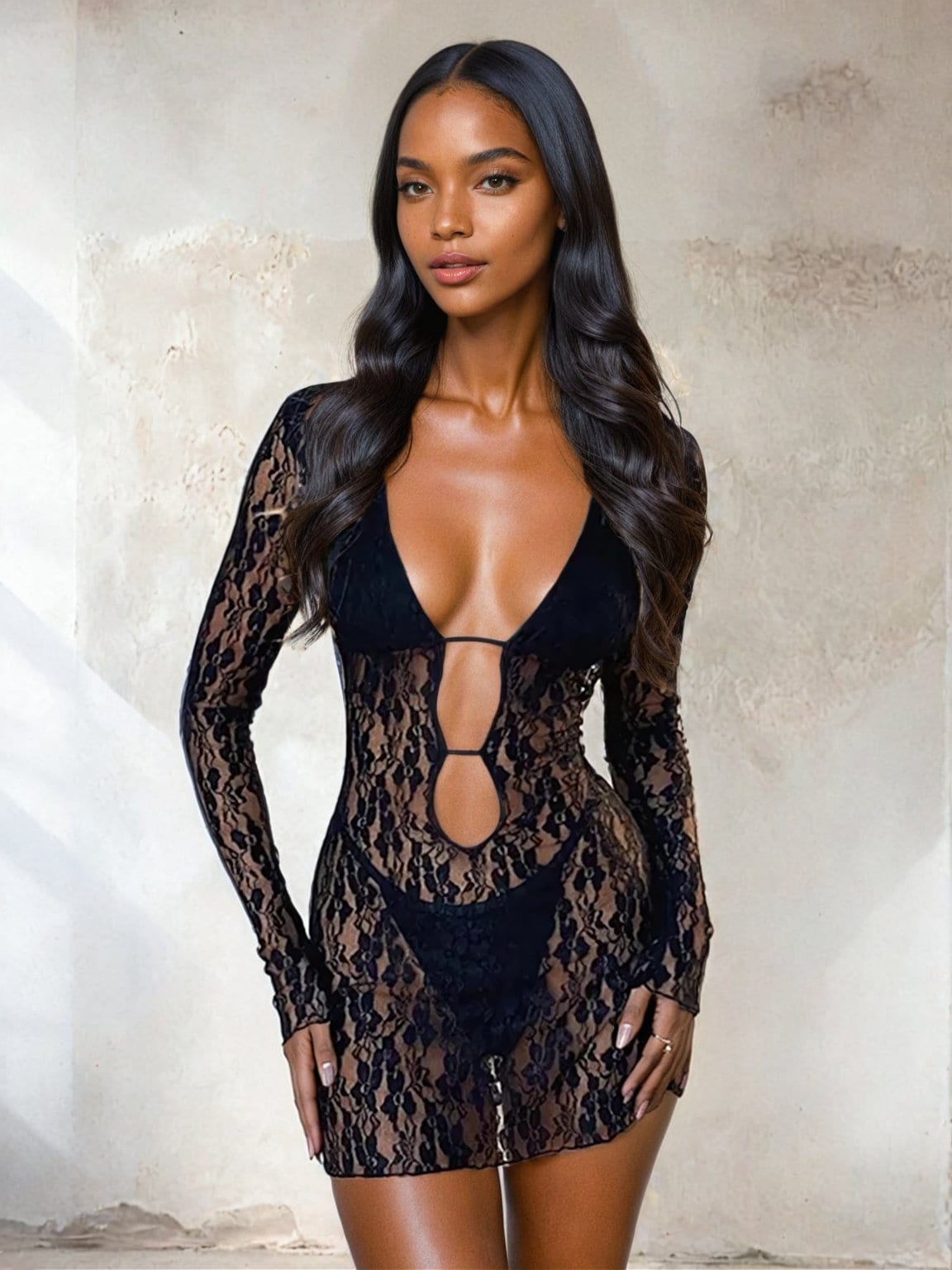 Lace Plunge Keyhole Cut - Out Mini Dress