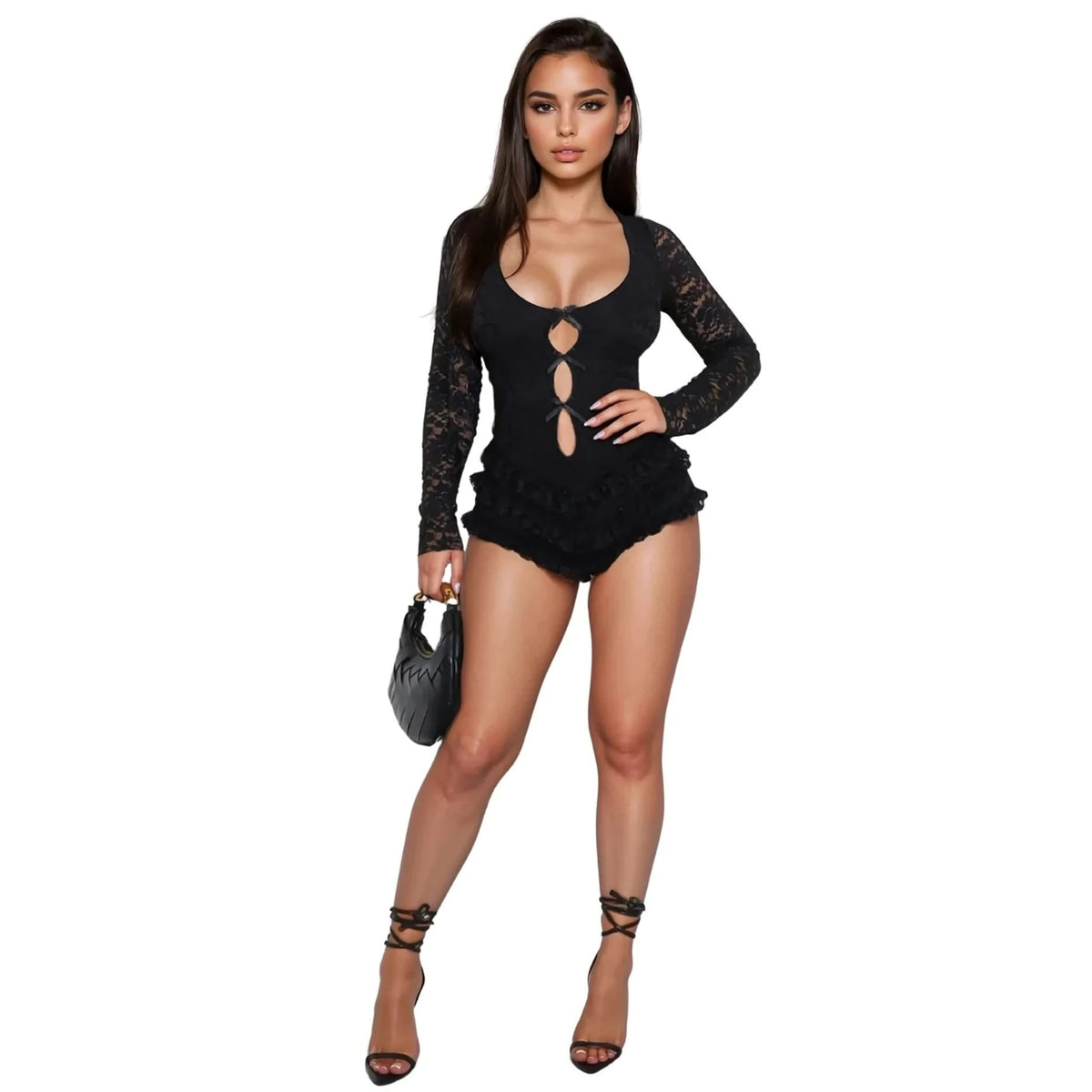 Lace Ruffle Playsuit - Clubwear Jumpsuit — black front