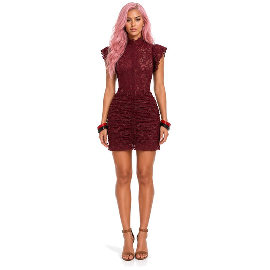 Lace Ruffle Mini Dress — wine front