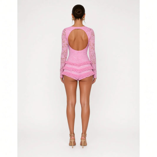 Lace Ruffle Playsuit - Clubwear Jumpsuit — pink back
