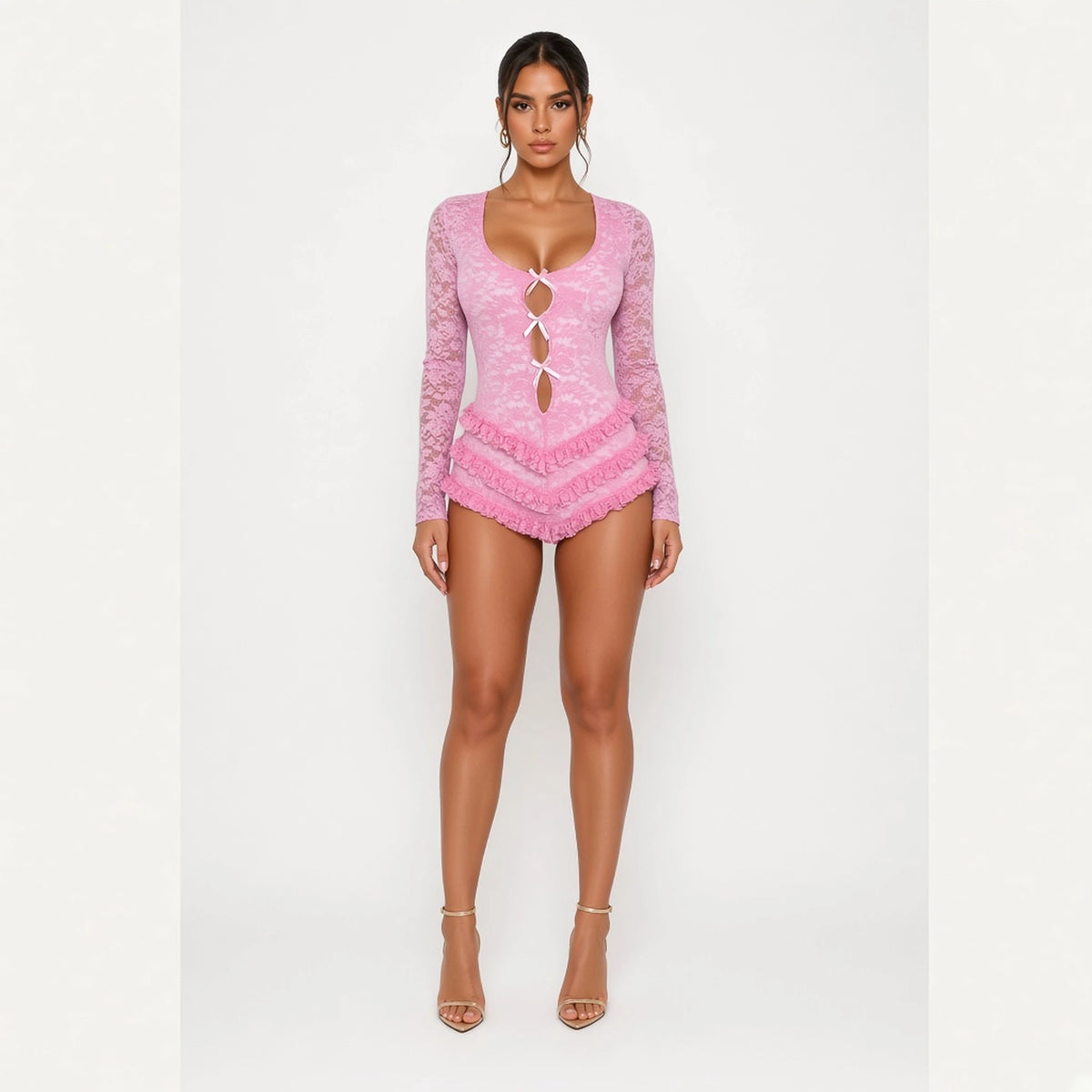 Lace Ruffle Playsuit - Clubwear Jumpsuit — pink front