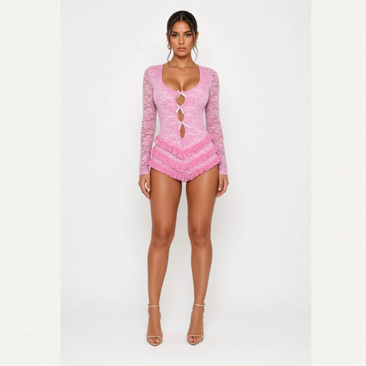 Lace Ruffle Playsuit - Clubwear Jumpsuit — pink front