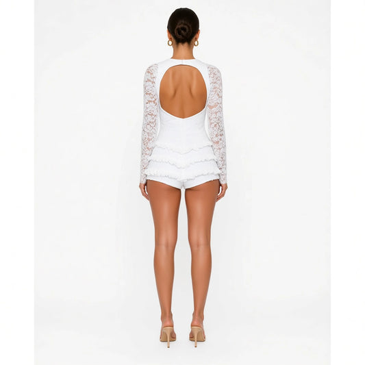Lace Ruffle Playsuit - Clubwear Jumpsuit — white back