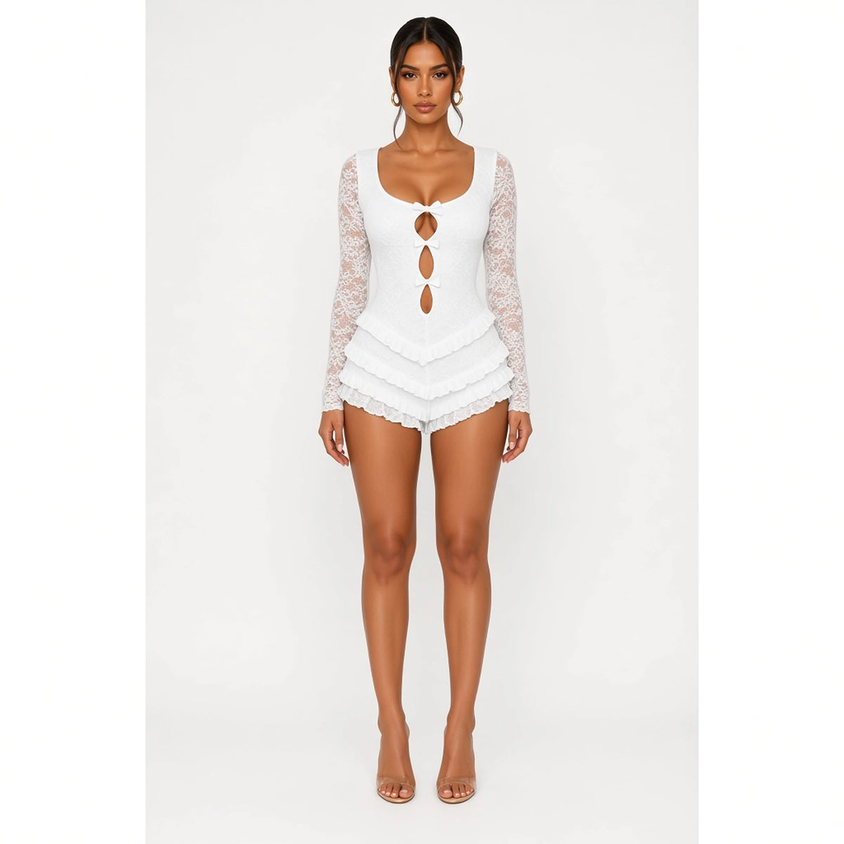 Lace Ruffle Playsuit - Clubwear Jumpsuit — white front