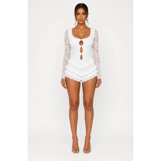 Lace Ruffle Playsuit - Clubwear Jumpsuit — white front
