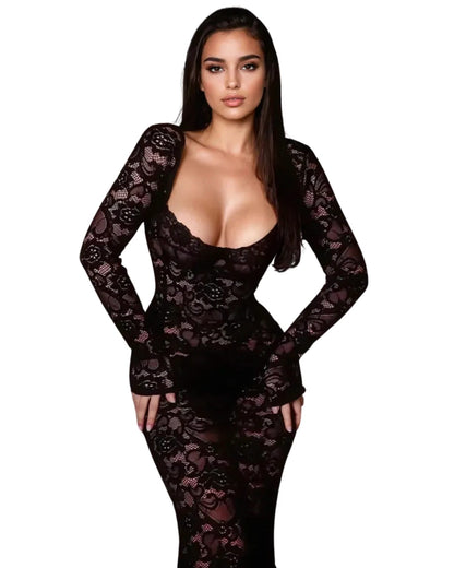 sexy see through lace dress Sexy See Through Sheer Lace Maxi Dress Floral Lace Patchwork Backless Bodycon Long Dresses Beach Vacation Party Wear (Floral High Slit White, S) at Amazon Women's Clothing store