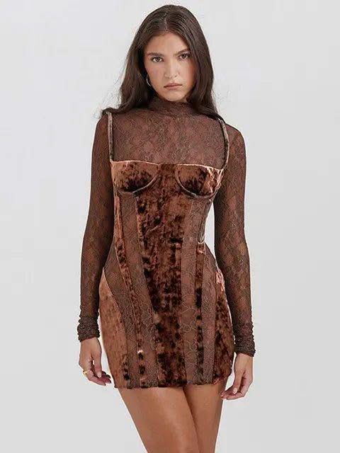 brown velvet mini dress Lace jumpsuit/romper Date Night Dresses Cream Cuff Sleeve Size:US2-UK4-EUR32