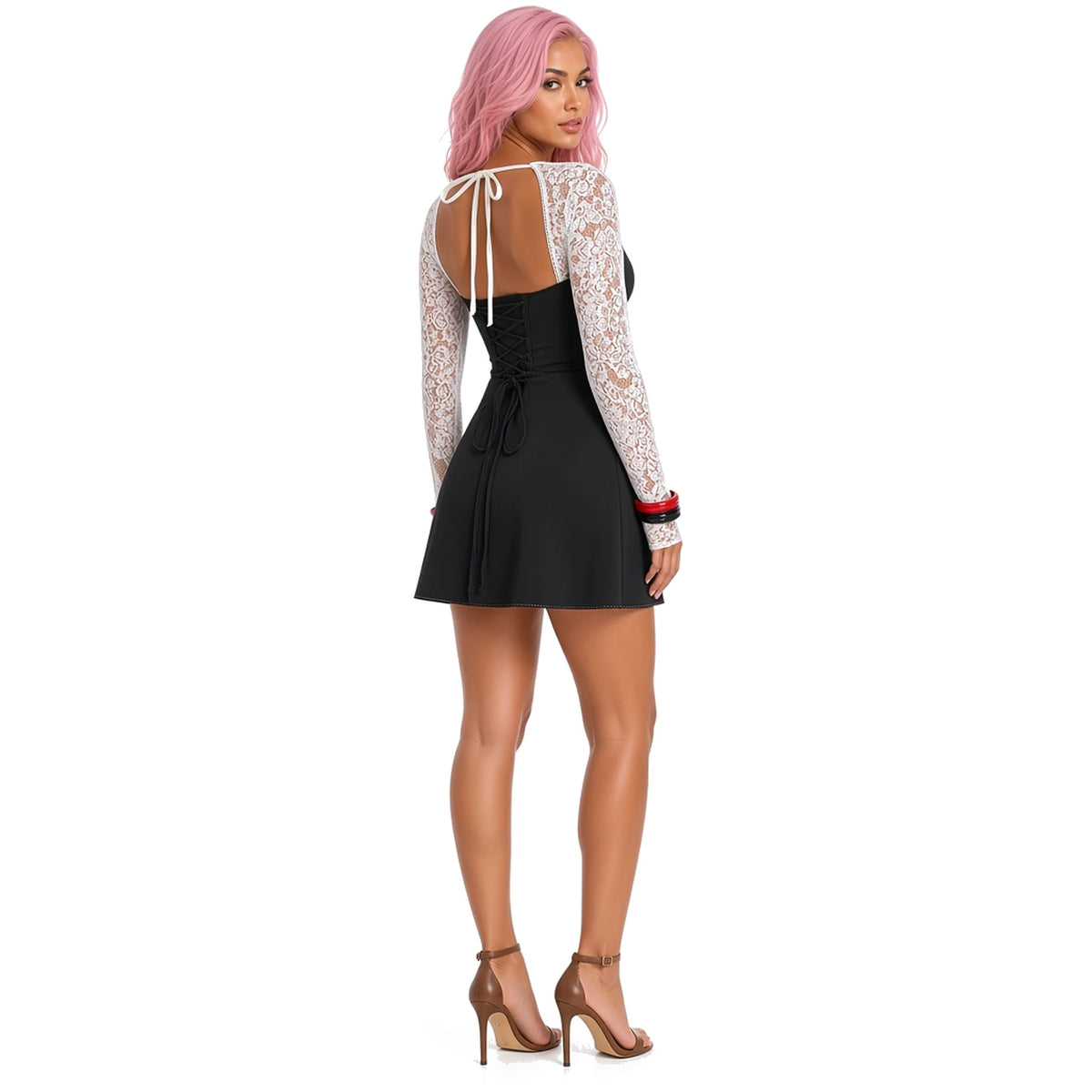 Lace embroider baby doll dress — White back
