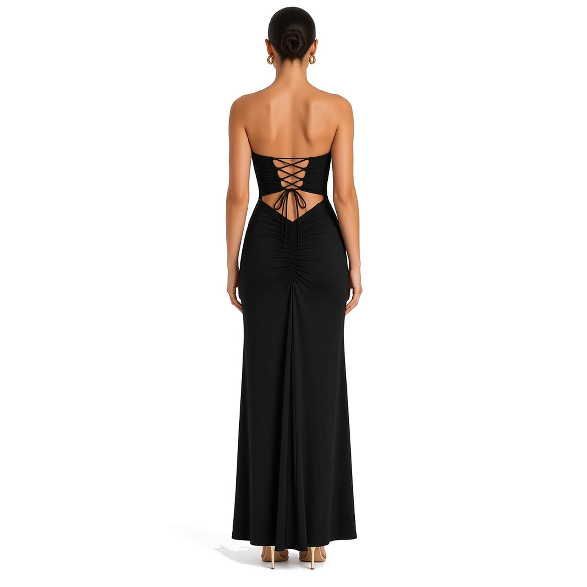 Strapless Lace-up Maxi Dress — Black back