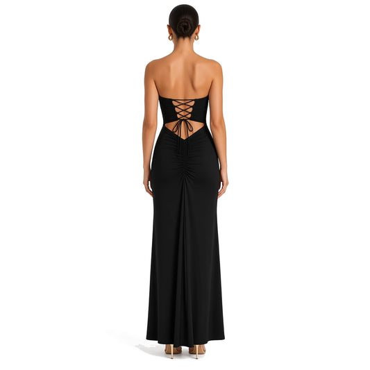 Strapless Lace-up Maxi Dress — Black back