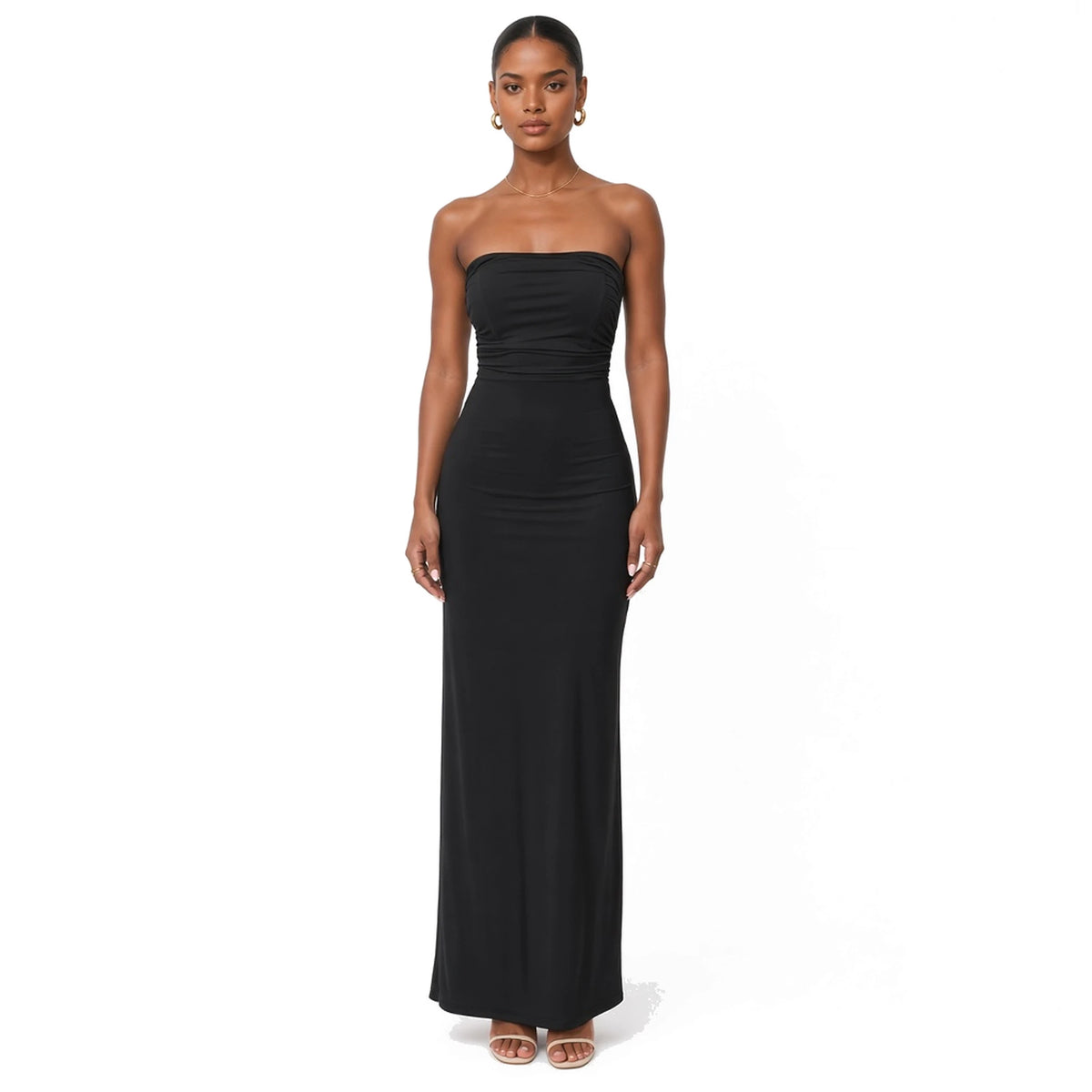 Strapless Lace-up Maxi Dress — Black front