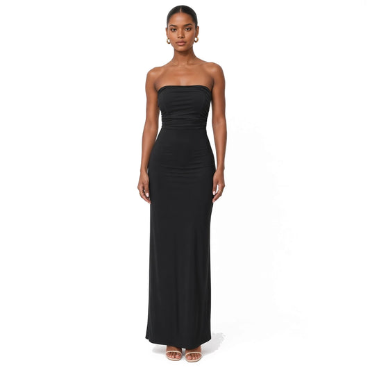 Strapless Lace-up Maxi Dress — Black front