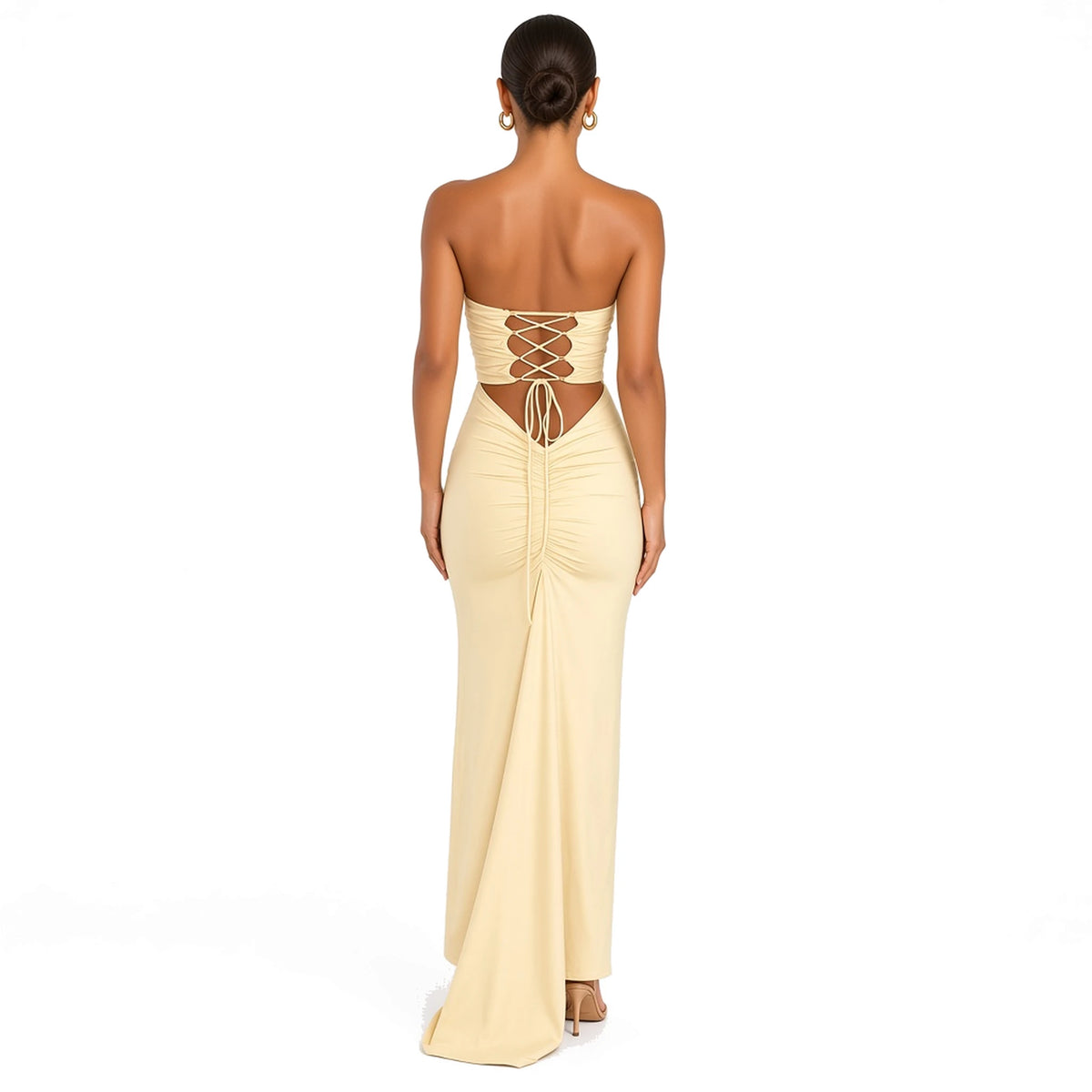 Strapless Lace-up Maxi Dress — Yellow back
