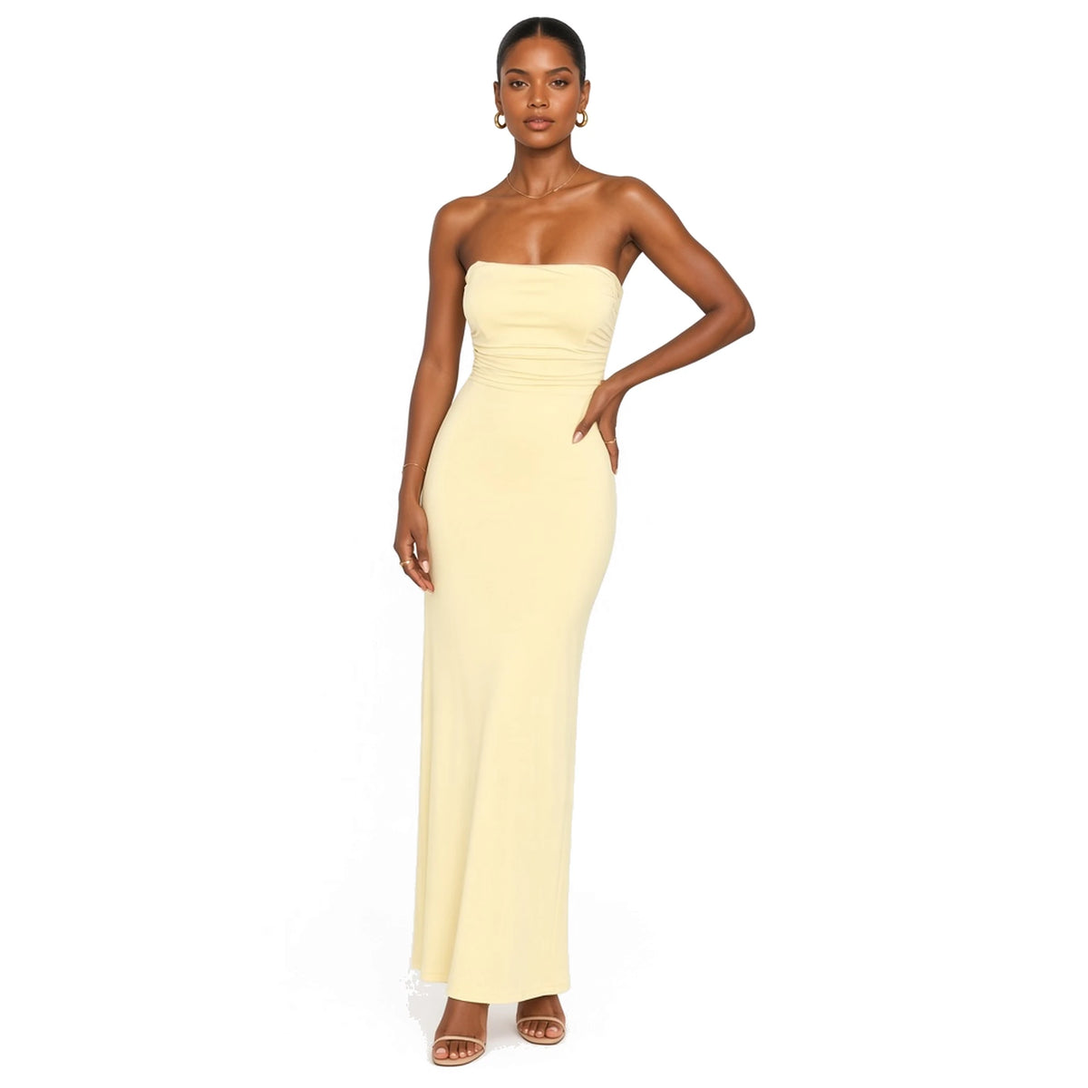 Strapless Lace-up Maxi Dress — Yellow front