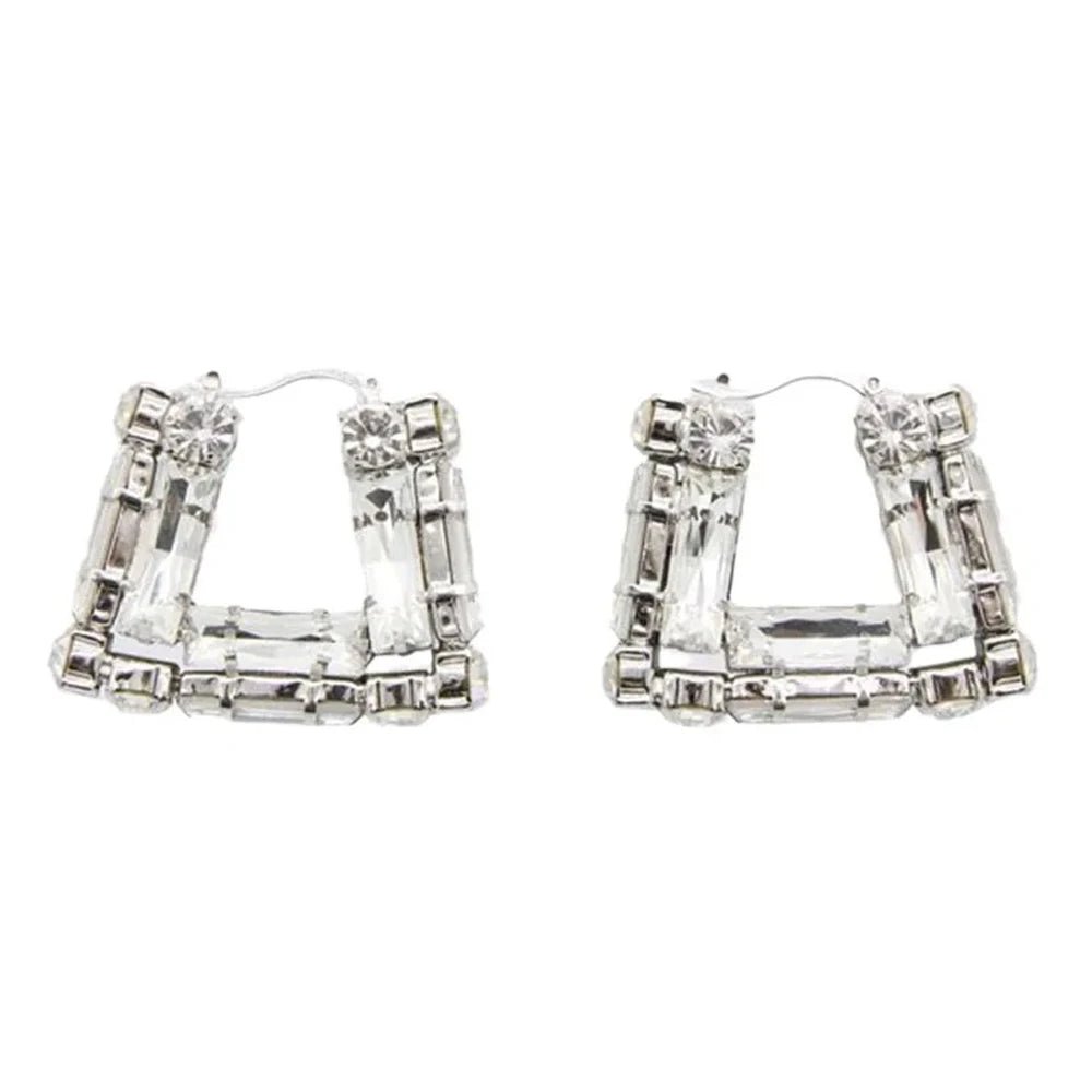 Silver Large Rhinestone Square Hoop Earrings - 2