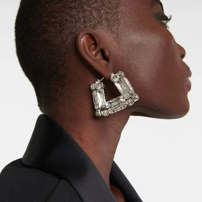 Sample wearing of Large Rhinestone Square Hoop Earrings