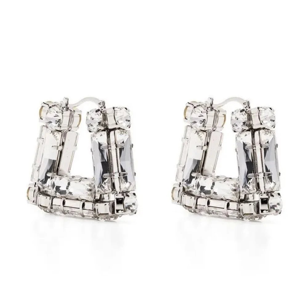 Silver Large Rhinestone Square Hoop Earrings