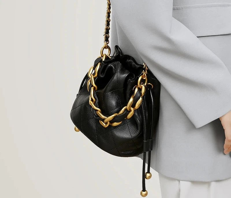 Sample wearing of Black Leather Drawstring Pouch - Style Bag