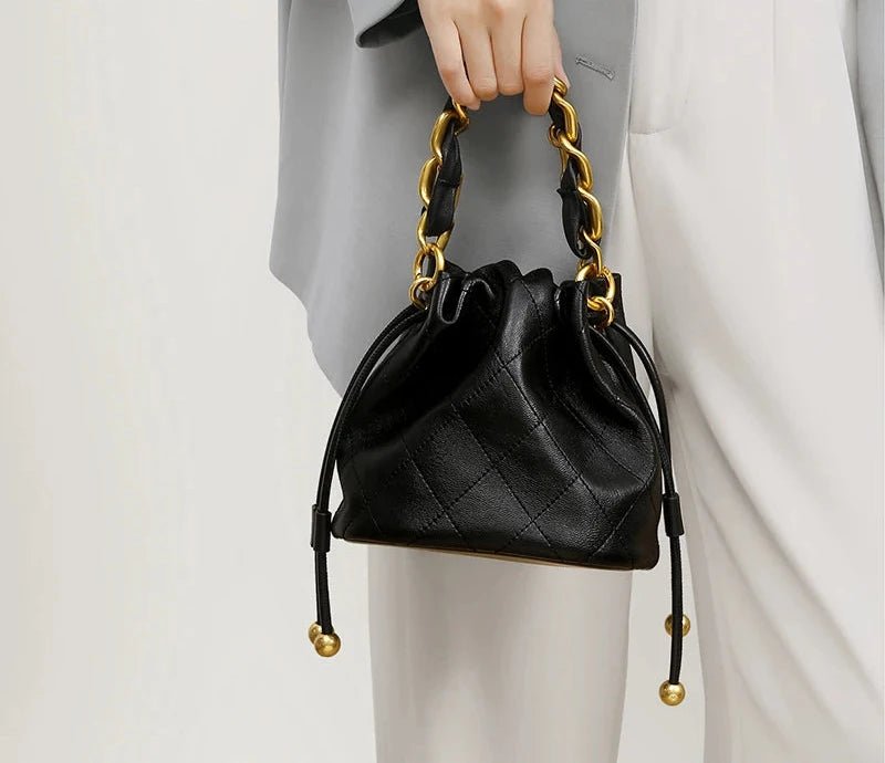 Hand Black Leather Drawstring Pouch - Style Bag