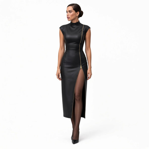 Faux Leather Zip Midi Dress — front
