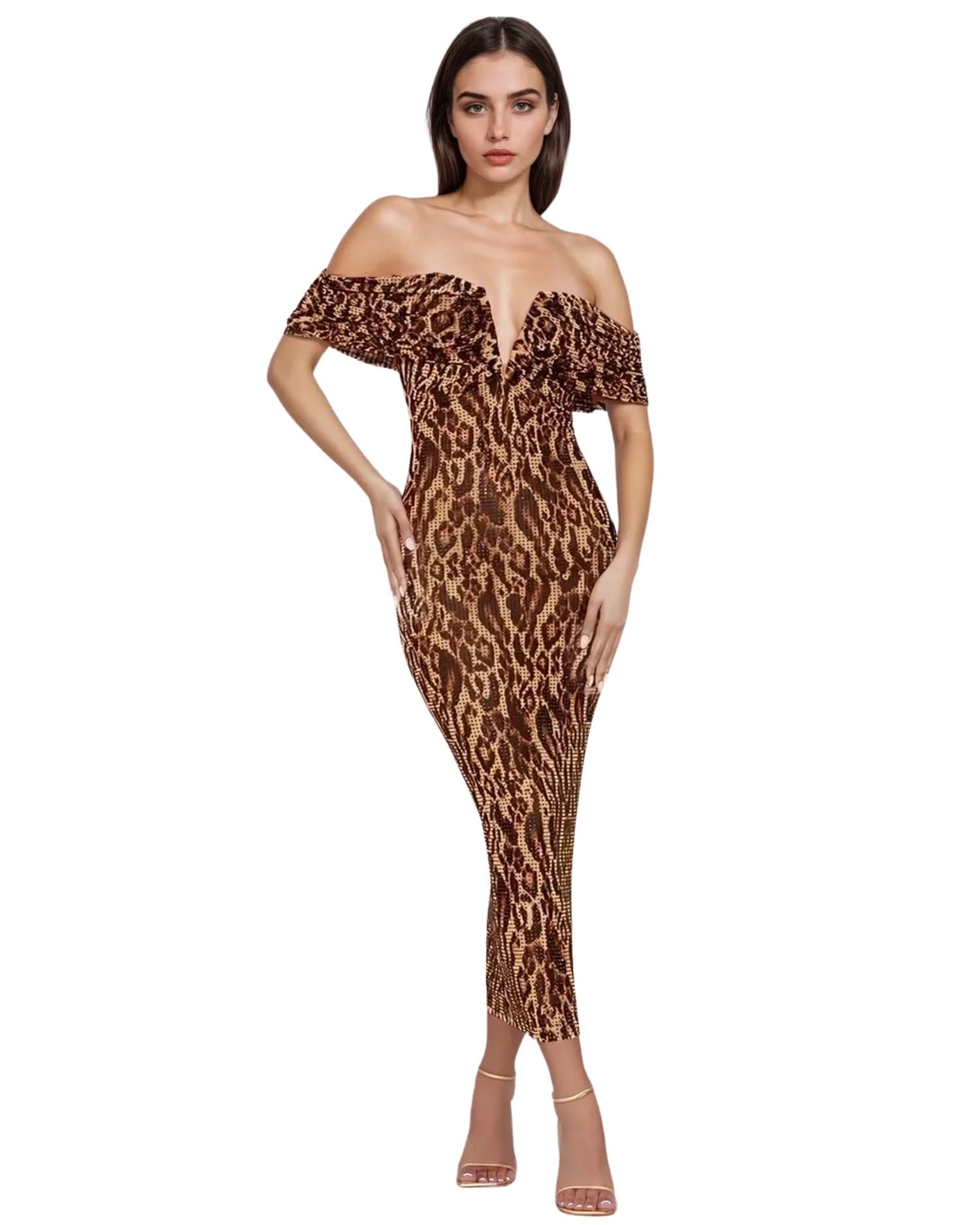 off shoulder animal print dress Wild Muse : Maxi Dress Mixed animal print. Body-hugging fit. Off-shoulder detail. Available now at BFLYLA.com