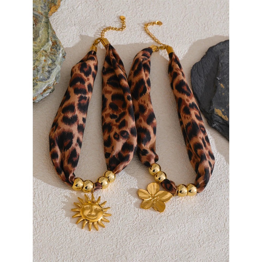 Gold Sun and Flower Leopard Print Necklace