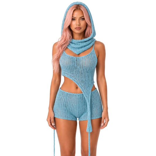 Crochet Short Set - Festival Ready — Light Blue close-up