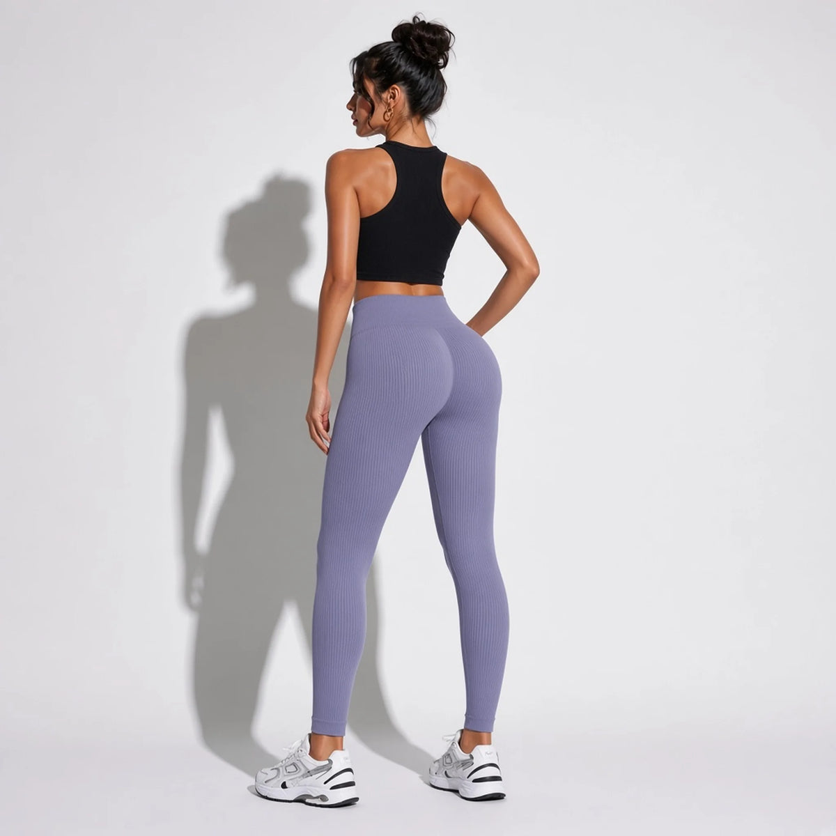 High-Waisted Ribbed Leggings — lilac back