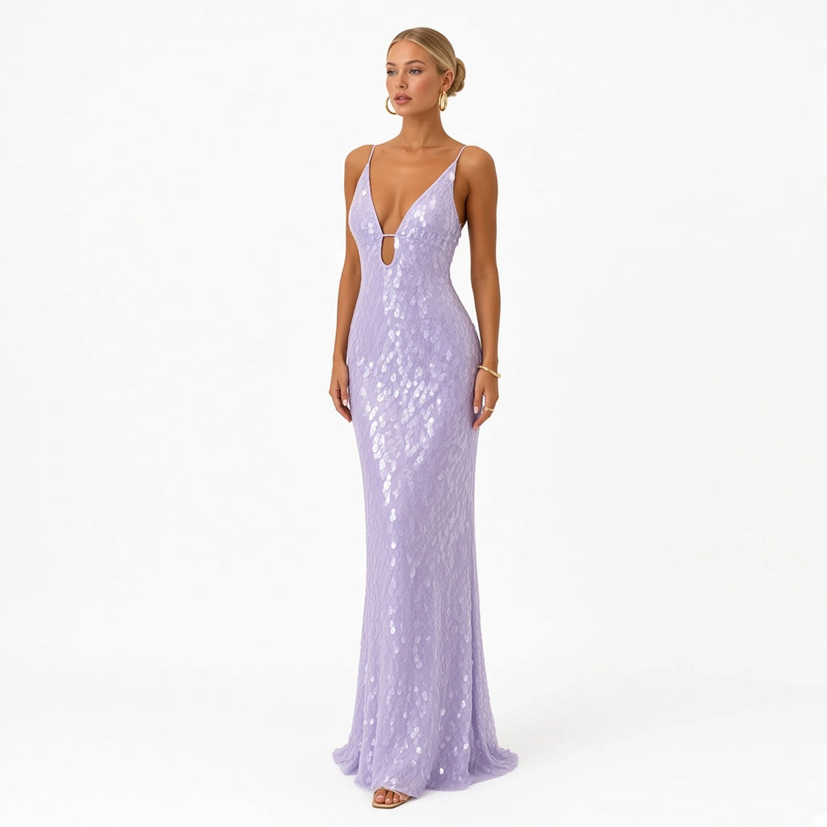 Sequin V-Neck Maxi Dress — lilac front